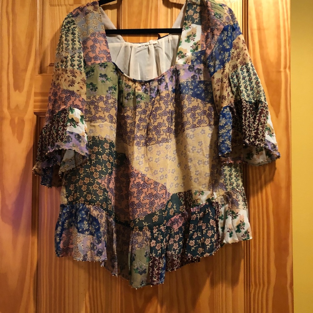 Anthro Floreat patchwork too with ruffles&beads. M